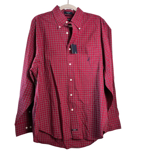 Nautica Men’s Red Stripe Shirt Large 100% Cotton Long‎ Sleeve Button Front - Picture 1 of 4